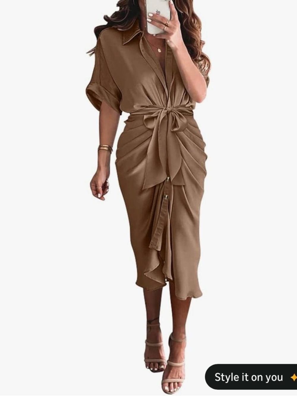 Tie-Front Brown Midi Shirt Dress